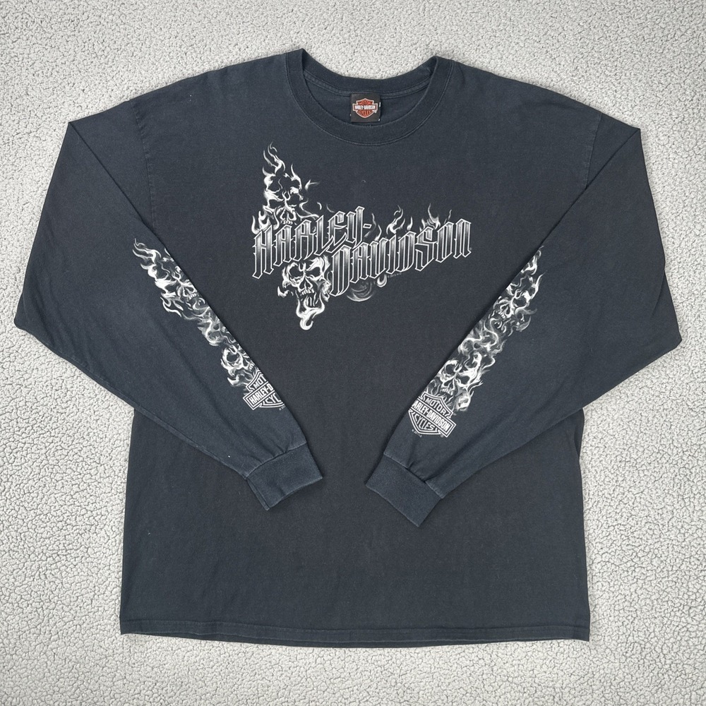 Harley-Davidson Long Sleeve Logo Shirt Men 2XL Black‎ Flame Skulls Alligator Y2K